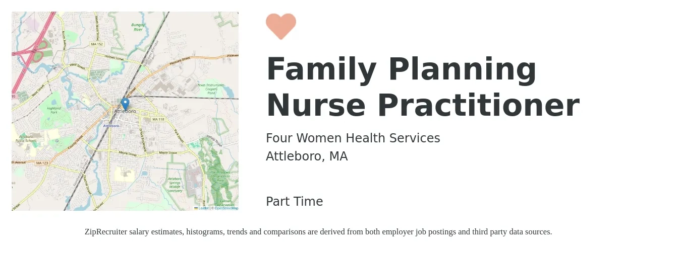 Four Women Health Services job posting for a Family Planning Nurse Practitioner in Attleboro, MA with a salary of $70 to $85 Hourly with a map of Attleboro location.