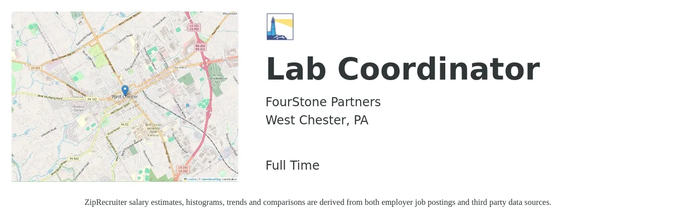 FourStone Partners job posting for a Lab Coordinator in West Chester, PA with a salary of $16 to $18 Hourly with a map of West Chester location.