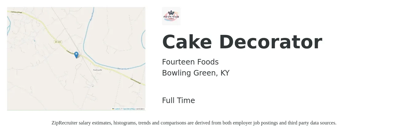 Fourteen Foods job posting for a Cake Decorator in Bowling Green, KY with a salary of $14 to $18 Hourly with a map of Bowling Green location.