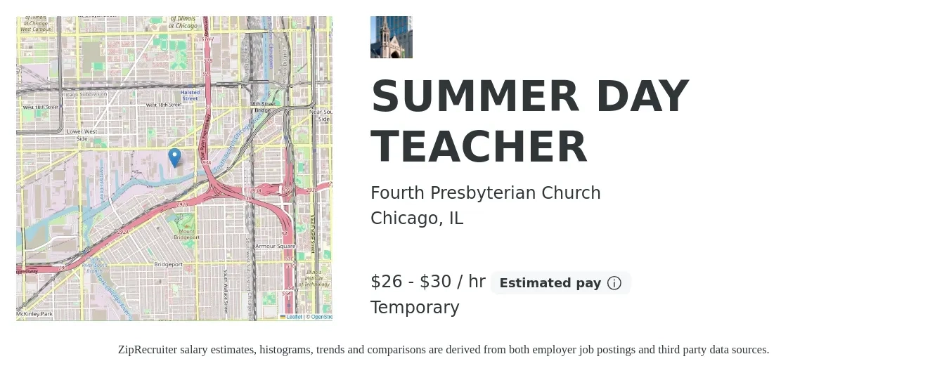 Fourth Presbyterian Church job posting for a SUMMER DAY TEACHER in Chicago, IL with a salary of $28 to $32 Hourly with a map of Chicago location.