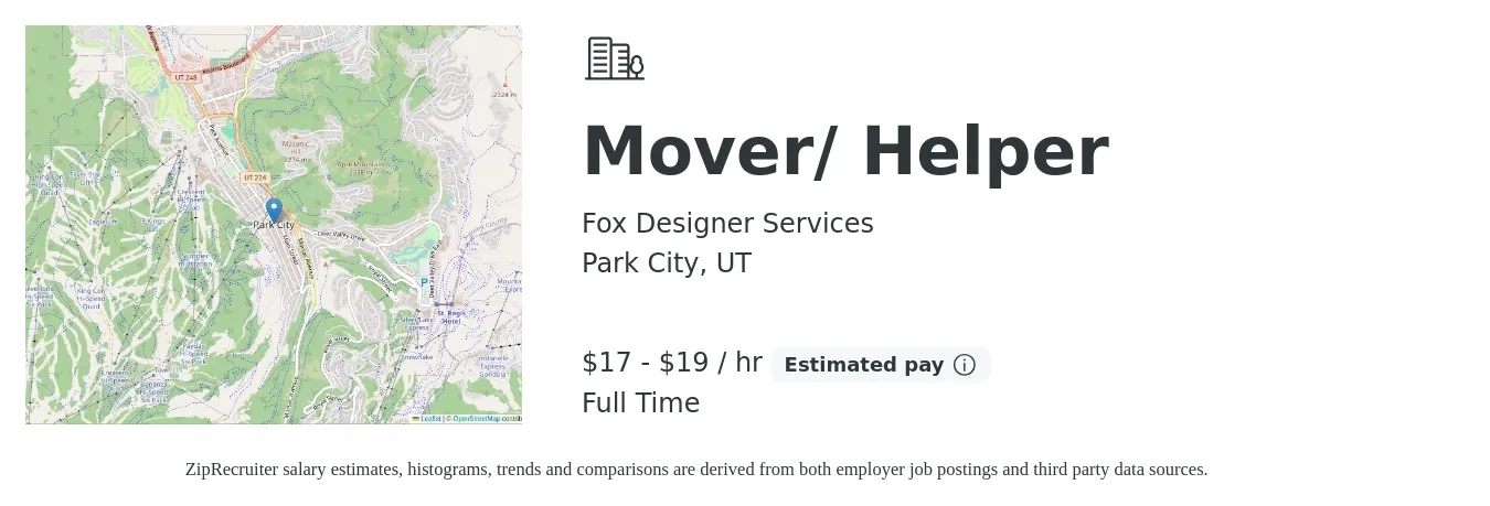 Fox Designer Services job posting for a Mover/ Helper in Park City, UT with a salary of $18 to $20 Hourly with a map of Park City location.