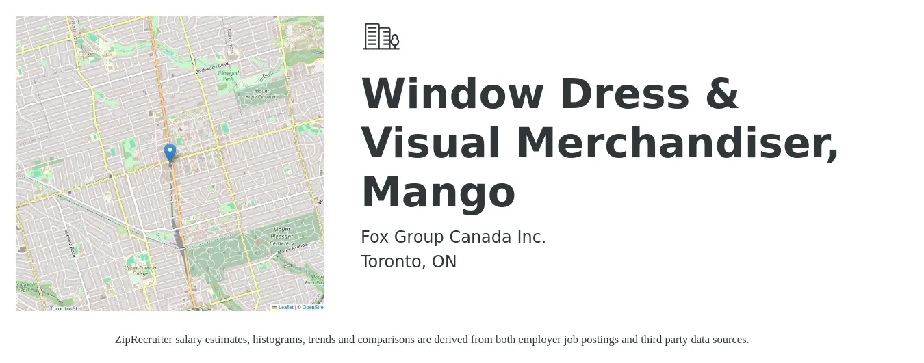 Fox Group Canada Inc. job posting for a Window Dress & Visual Merchandiser, Mango in Toronto, ON with a map of Toronto location.