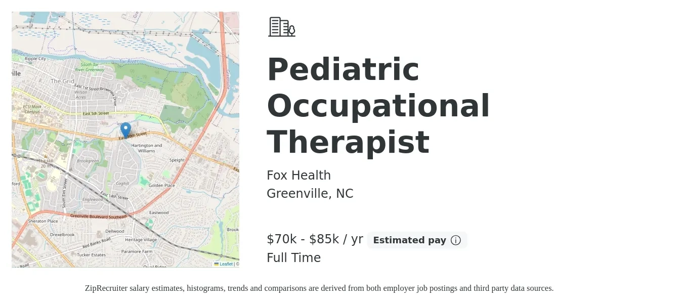 Fox Health job posting for a Pediatric Occupational Therapist in Greenville, NC with a salary of $50,000 to $80,000 Yearly with a map of Greenville location.