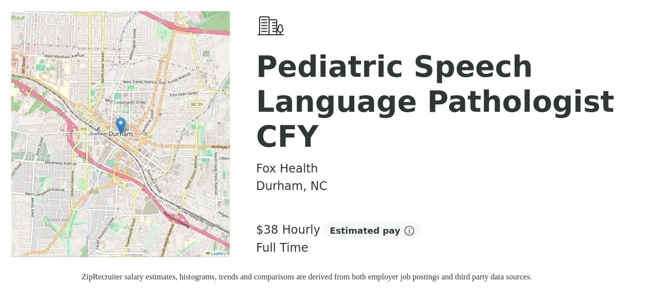 Fox Health job posting for a Pediatric Speech Language Pathologist CFY in Durham, NC with a salary of $40 Hourly with a map of Durham location.