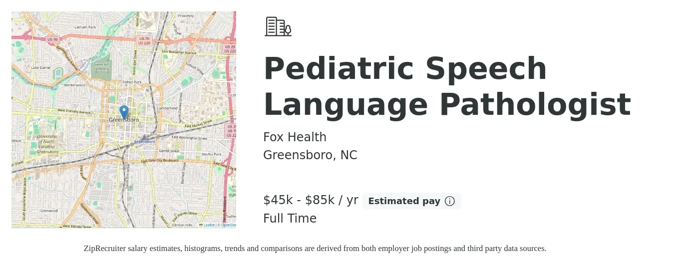 Fox Health job posting for a Pediatric Speech Language Pathologist in Greensboro, NC with a salary of $50,000 to $80,000 Yearly with a map of Greensboro location.