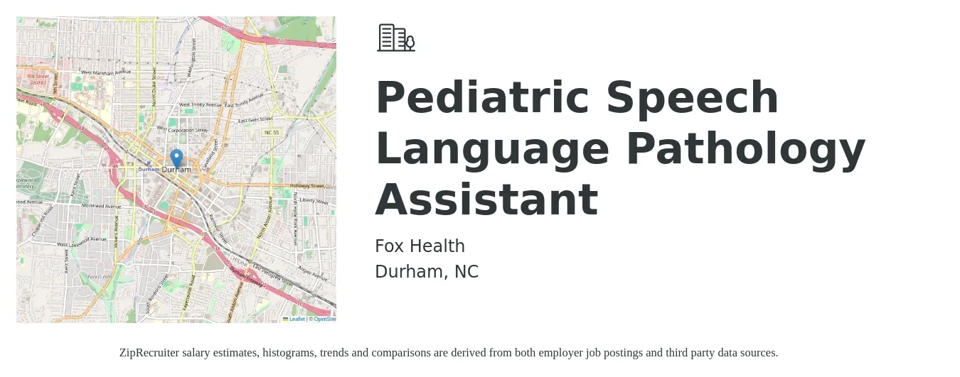 Fox Health job posting for a Pediatric Speech Language Pathology Assistant in Durham, NC with a salary of $35 to $70,000 Hourly with a map of Durham location.