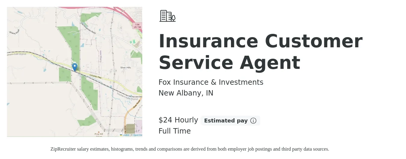Fox Insurance & Investments job posting for a Insurance Customer Service Agent in New Albany, IN with a salary of $25 Hourly and benefits including pto with a map of New Albany location.