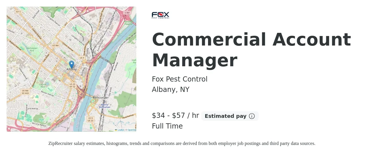 Fox Pest Control job posting for a Commercial Account Manager in Albany, NY with a salary of $75,000 to $125,000 Yearly with a map of Albany location.