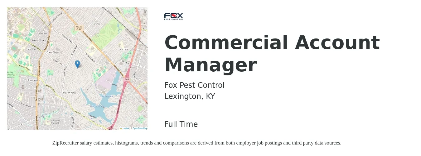 Fox Pest Control job posting for a Commercial Account Manager in Lexington, KY with a salary of $45,100 to $70,500 Yearly with a map of Lexington location.
