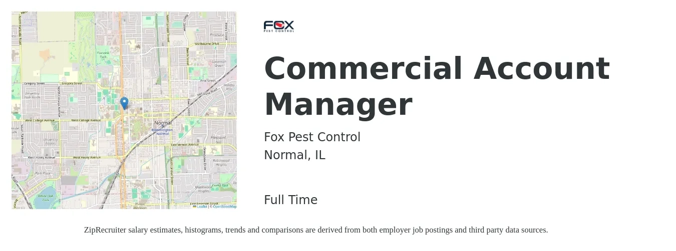Fox Pest Control job posting for a Commercial Account Manager in Normal, IL with a salary of $50,300 to $78,700 Yearly with a map of Normal location.