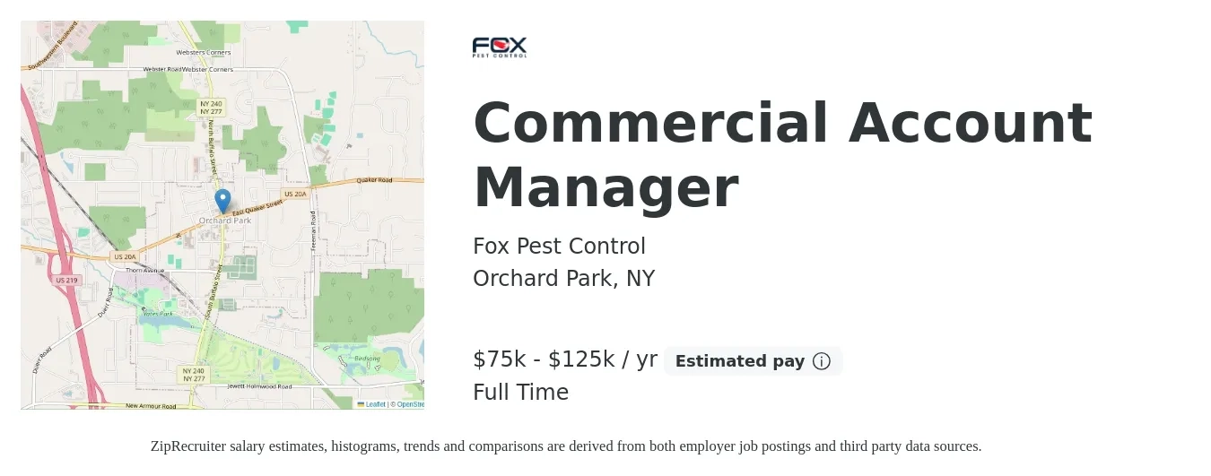 Fox Pest Control job posting for a Commercial Account Manager in Orchard Park, NY with a salary of $75,000 to $125,000 Yearly with a map of Orchard Park location.