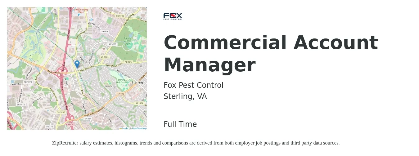 Fox Pest Control job posting for a Commercial Account Manager in Sterling, VA with a salary of $51,200 to $80,000 Yearly with a map of Sterling location.