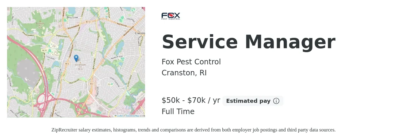 Fox Pest Control job posting for a Service Manager in Cranston, RI with a salary of $50,000 to $70,000 Yearly with a map of Cranston location.