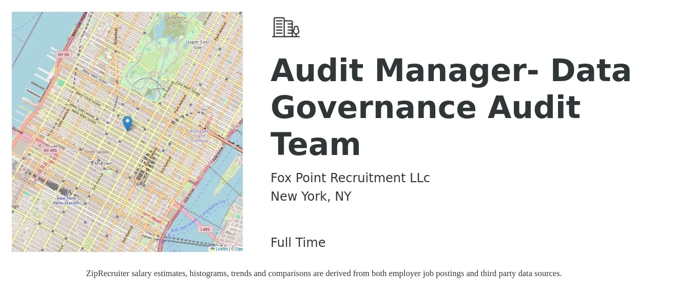 Fox Point Recruitment LLc job posting for a Audit Manager- Data Governance Audit Team in New York, NY with a salary of $113,800 to $149,300 Yearly with a map of New York location.