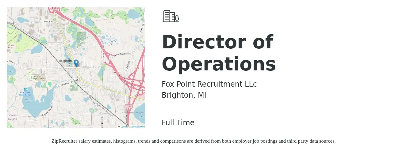 Fox Point Recruitment LLc job posting for a Director of Operations in Brighton, MI with a salary of $72,400 to $130,000 Yearly with a map of Brighton location.