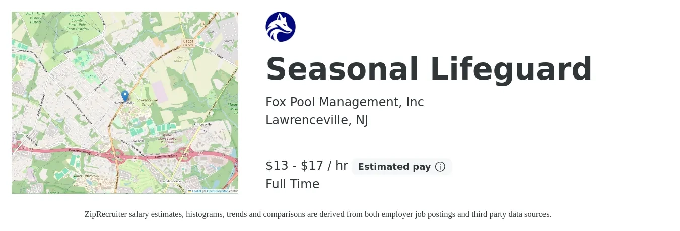 Fox Pool Management, Inc job posting for a Seasonal Lifeguard in Lawrenceville, NJ with a salary of $14 to $18 Hourly with a map of Lawrenceville location.