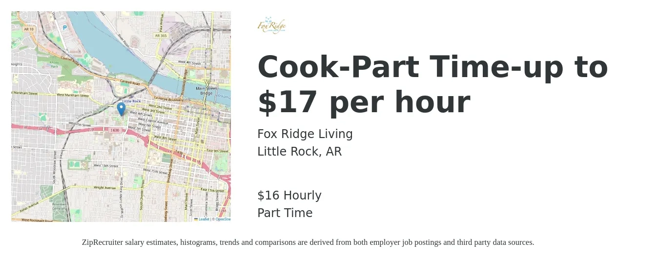 Fox Ridge Living job posting for a Cook-Part Time-up to $17 per hour in Little Rock, AR with a salary of $17 Hourly with a map of Little Rock location.