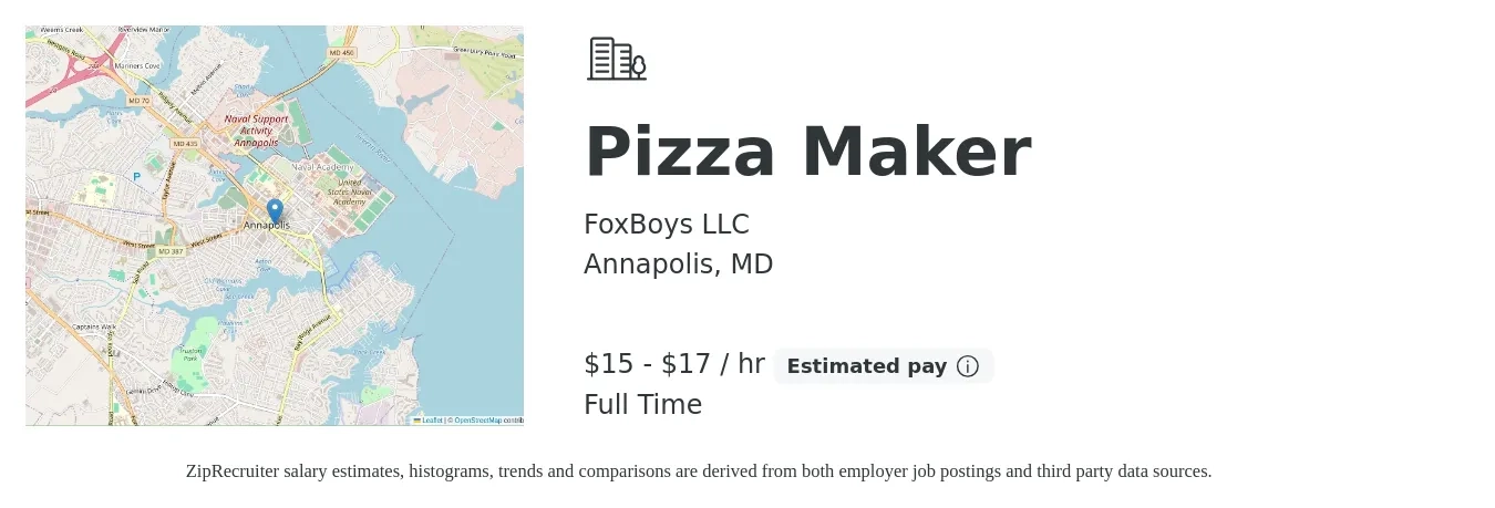 FoxBoys LLC job posting for a Pizza Maker in Annapolis, MD with a salary of $16 to $18 Hourly with a map of Annapolis location.
