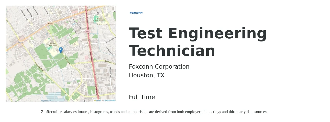 Foxconn Corporation job posting for a Test Engineering Technician in Houston, TX with a salary of $20 to $28 Hourly with a map of Houston location.