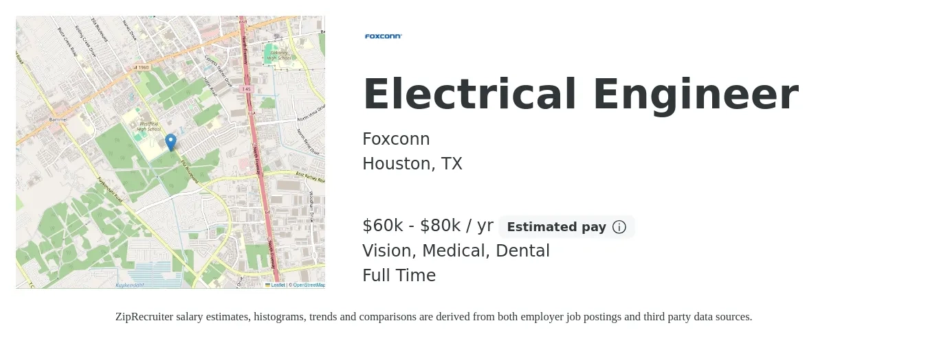 Foxconn job posting for a Electrical Engineer in Houston, TX with a salary of $60,000 to $80,000 Yearly and benefits including dental, life_insurance, medical, retirement, and vision with a map of Houston location.