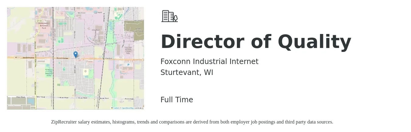 Foxconn Industrial Internet job posting for a Director of Quality in Sturtevant, WI with a salary of $88,000 to $146,100 Yearly with a map of Sturtevant location.