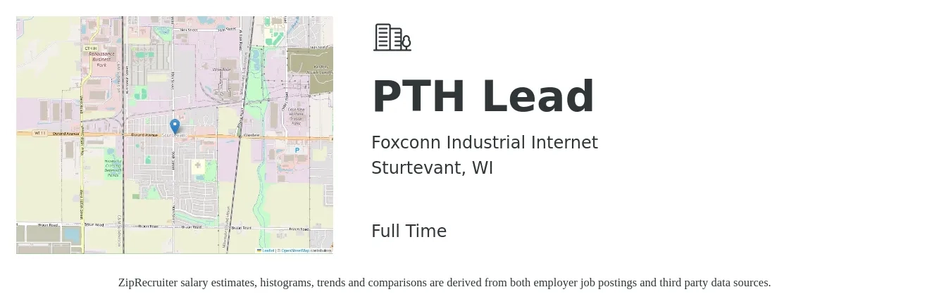 Foxconn Industrial Internet job posting for a PTH Lead in Sturtevant, WI with a salary of $16 to $24 Hourly with a map of Sturtevant location.