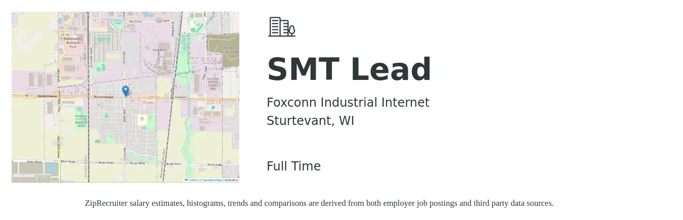 Foxconn Industrial Internet job posting for a SMT Lead in Sturtevant, WI with a salary of $13 to $16 Hourly with a map of Sturtevant location.
