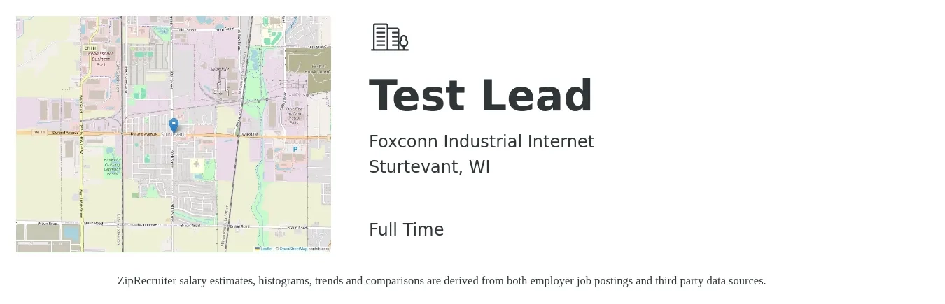 Foxconn Industrial Internet job posting for a Test Lead in Sturtevant, WI with a salary of $46 to $63 Hourly with a map of Sturtevant location.