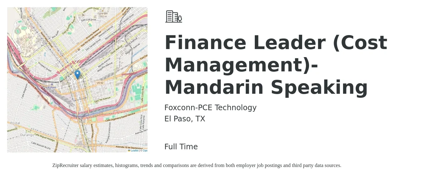 Foxconn-PCE Technology job posting for a Finance Leader (Cost Management)- Mandarin Speaking in El Paso, TX with a salary of $74,500 to $132,500 Yearly with a map of El Paso location.