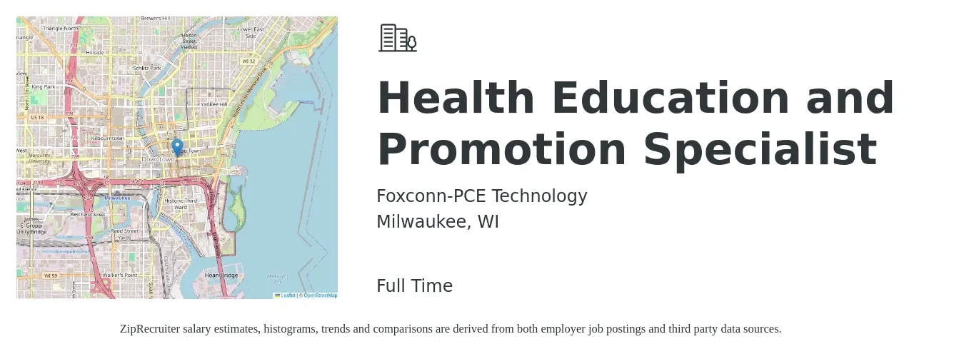 Foxconn-PCE Technology job posting for a Health Education and Promotion Specialist in Milwaukee, WI with a salary of $38,300 to $65,300 Yearly with a map of Milwaukee location.