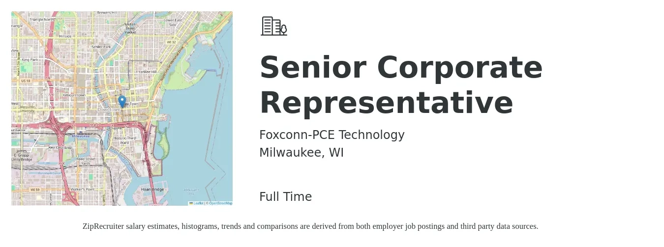 Foxconn-PCE Technology job posting for a Senior Corporate Representative in Milwaukee, WI with a salary of $19 to $26 Hourly with a map of Milwaukee location.