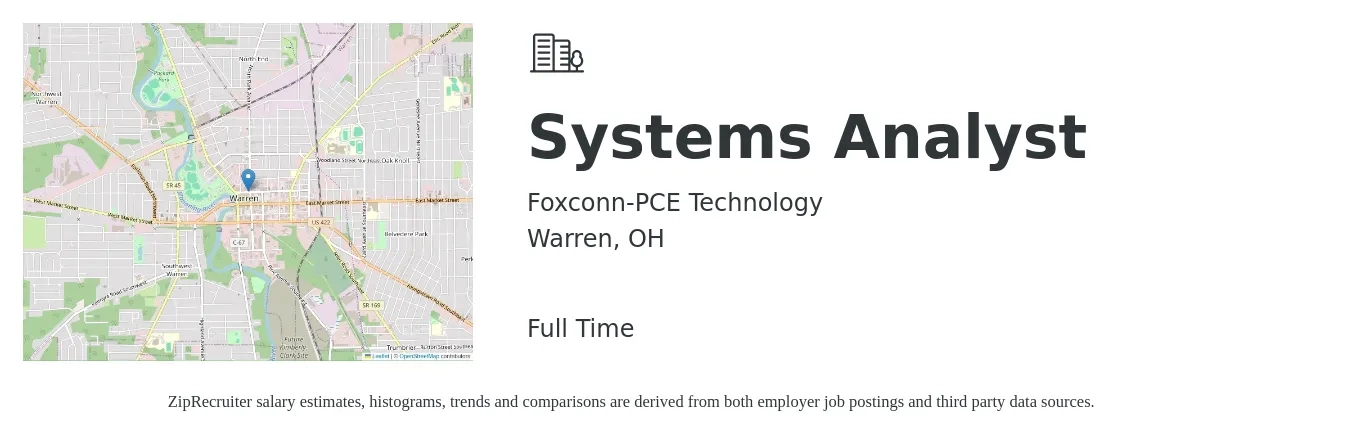 Foxconn-PCE Technology job posting for a Systems Analyst in Warren, OH with a salary of $56,700 to $92,900 Yearly with a map of Warren location.