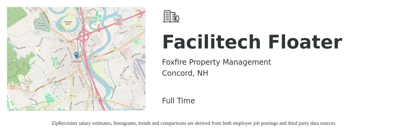 Foxfire Property Management job posting for a Facilitech Floater in Concord, NH with a salary of $14 to $16 Hourly with a map of Concord location.
