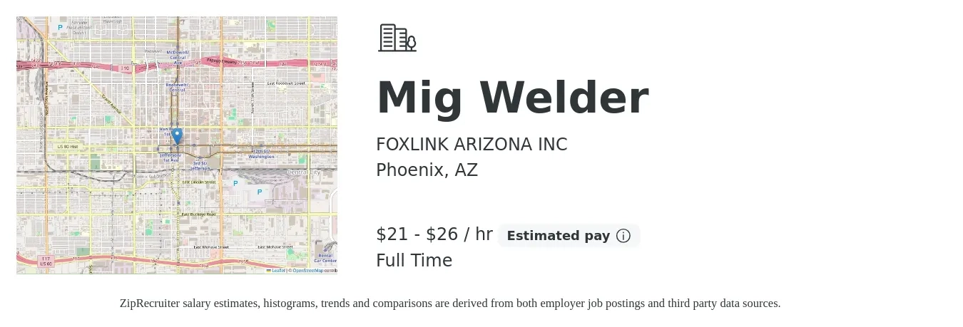 FOXLINK ARIZONA INC job posting for a Mig Welder in Phoenix, AZ with a salary of $22 to $28 Hourly with a map of Phoenix location.