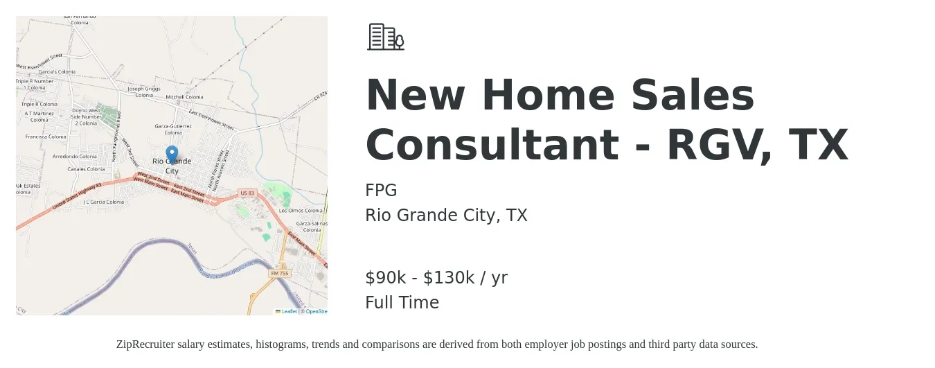 FPG job posting for a New Home Sales Consultant - RGV, TX in Rio Grande City, TX with a salary of $90,000 to $130,000 Yearly with a map of Rio Grande City location.