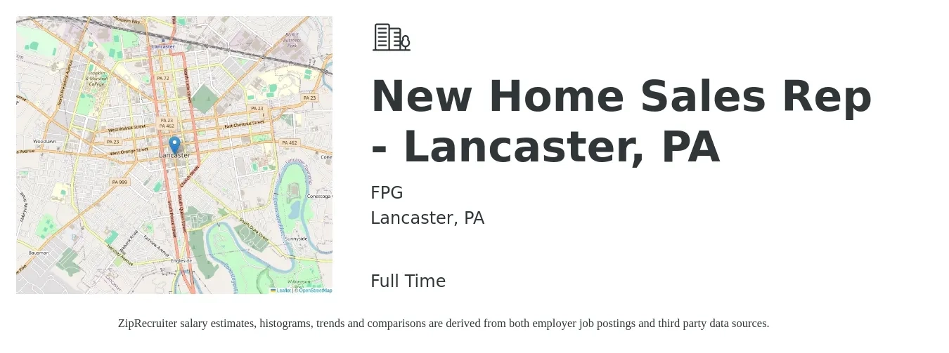 FPG job posting for a New Home Sales Rep - Lancaster, PA in Lancaster, PA with a salary of $76,800 to $137,500 Yearly with a map of Lancaster location.