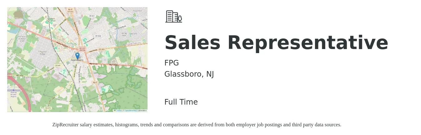 FPG job posting for a Sales Representative in Glassboro, NJ with a salary of $51,700 to $89,900 Yearly with a map of Glassboro location.