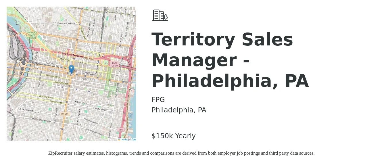 FPG job posting for a Territory Sales Manager - Philadelphia, PA in Philadelphia, PA with a salary of $150,000 Yearly with a map of Philadelphia location.
