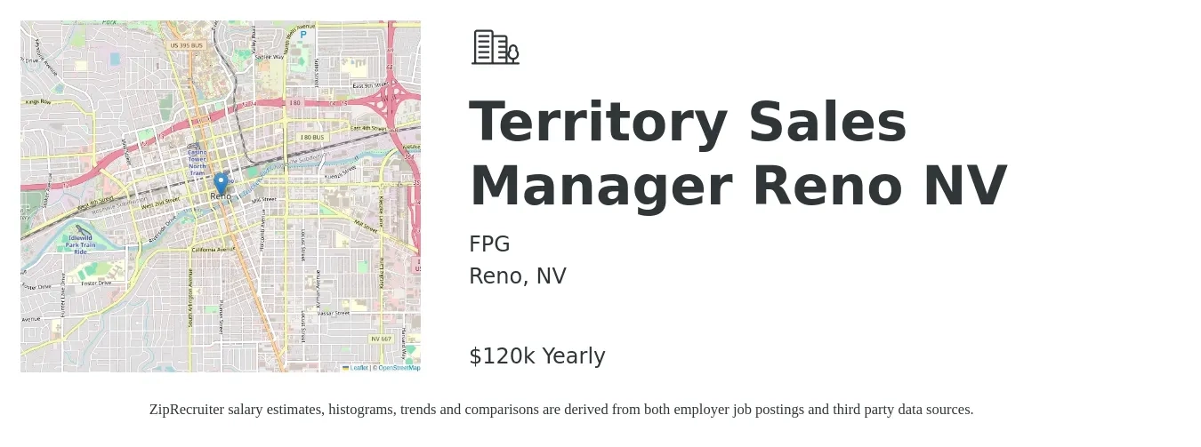 FPG job posting for a Territory Sales Manager - Reno, NV in Reno, NV with a salary of $120,000 Yearly with a map of Reno location.