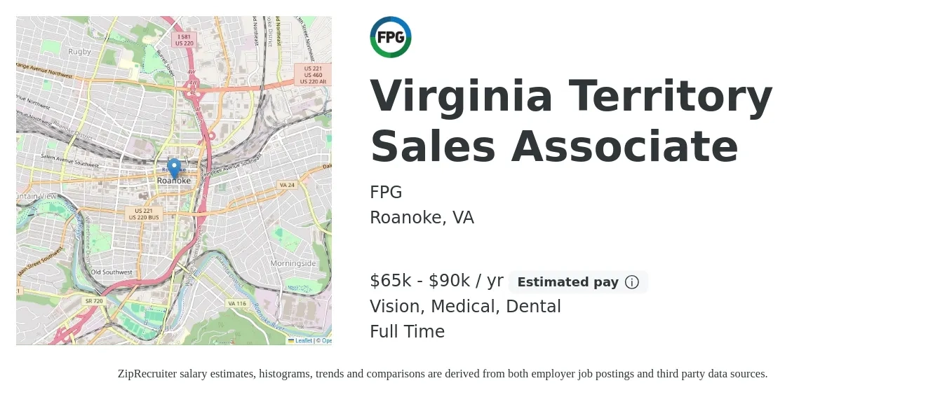 FPG job posting for a Virginia Territory Sales Associate in Roanoke, VA with a salary of $65,000 to $90,000 Yearly and benefits including dental, life_insurance, medical, pto, retirement, and vision with a map of Roanoke location.
