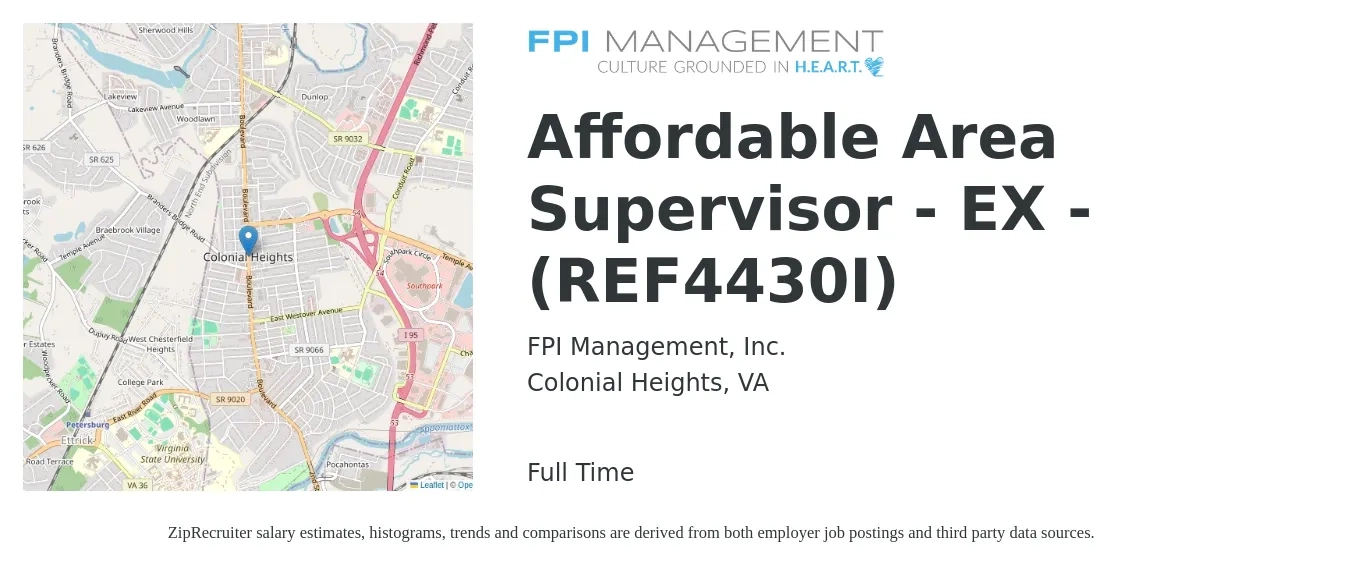 FPI Management, Inc. job posting for a Affordable Area Supervisor- EX - (REF4430I) in Colonial Heights, VA with a salary of $68,000 to $70,000 Yearly with a map of Colonial Heights location.