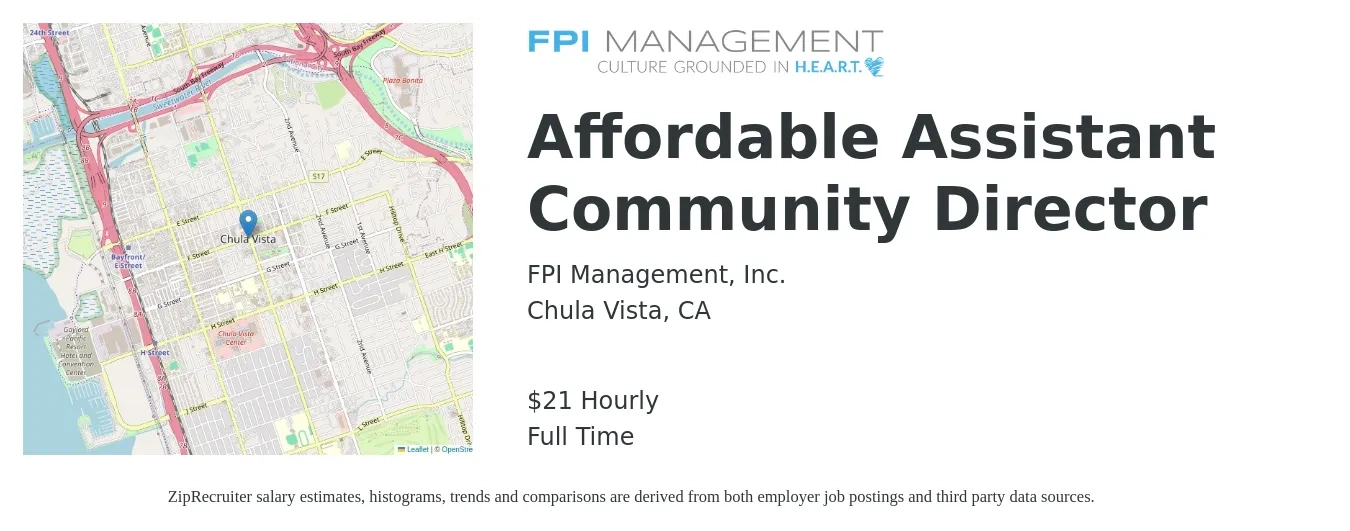 FPI Management, Inc. job posting for a Affordable Assistant Community Director in Chula Vista, CA with a salary of $22 Hourly with a map of Chula Vista location.