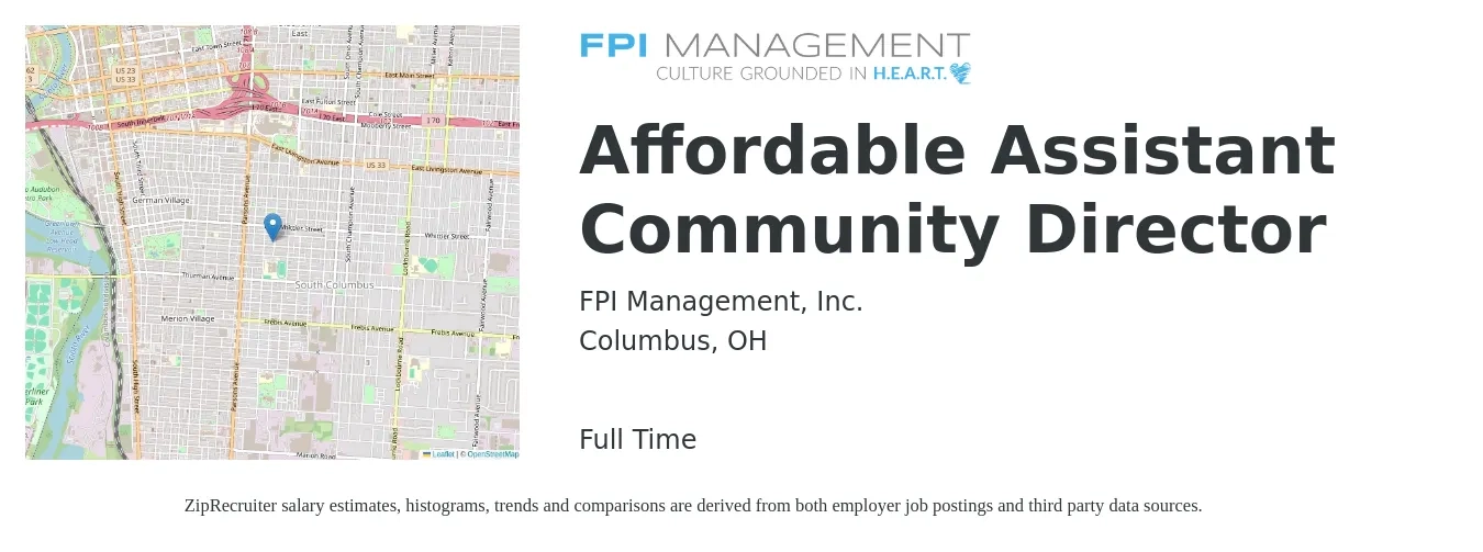 FPI Management, Inc. job posting for a Affordable Assistant Community Director in Columbus, OH with a salary of $18 to $23 Hourly with a map of Columbus location.