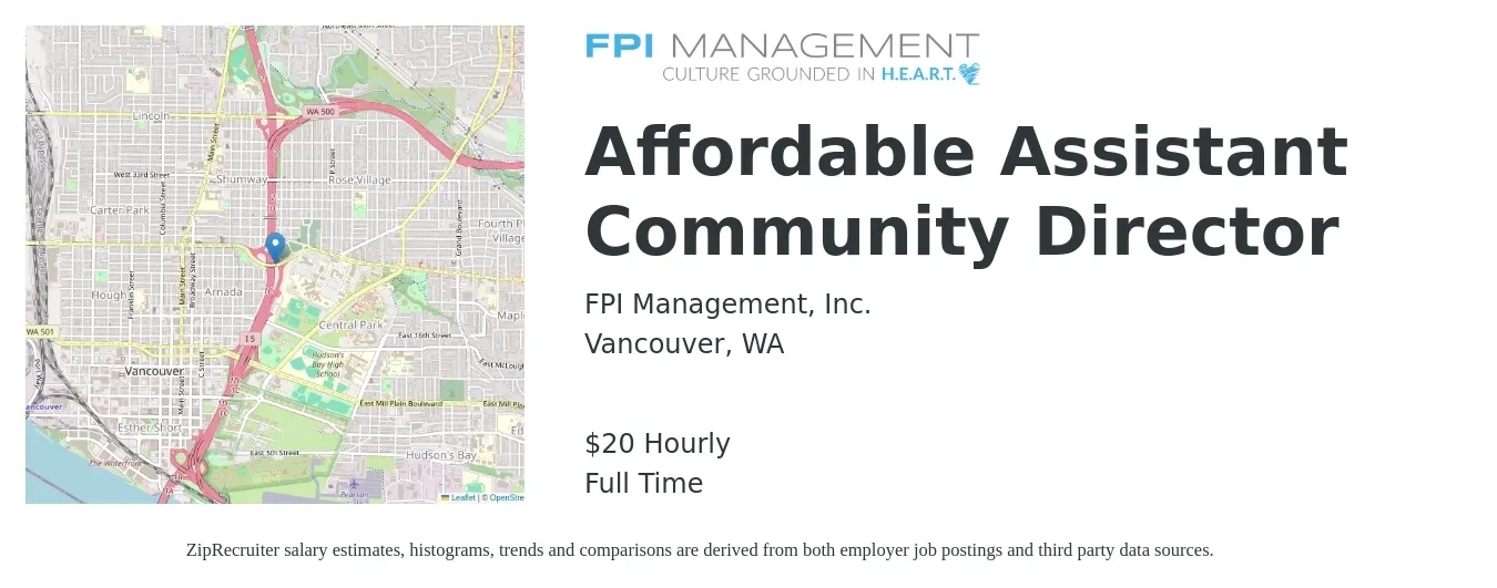 FPI Management, Inc. job posting for a Affordable Assistant Community Director in Vancouver, WA with a salary of $21 Hourly with a map of Vancouver location.