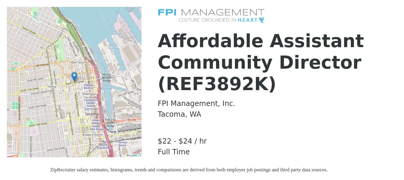 FPI Management, Inc. job posting for a Affordable Assistant Community Director (REF3892K) in Tacoma, WA with a salary of $23 to $25 Hourly with a map of Tacoma location.