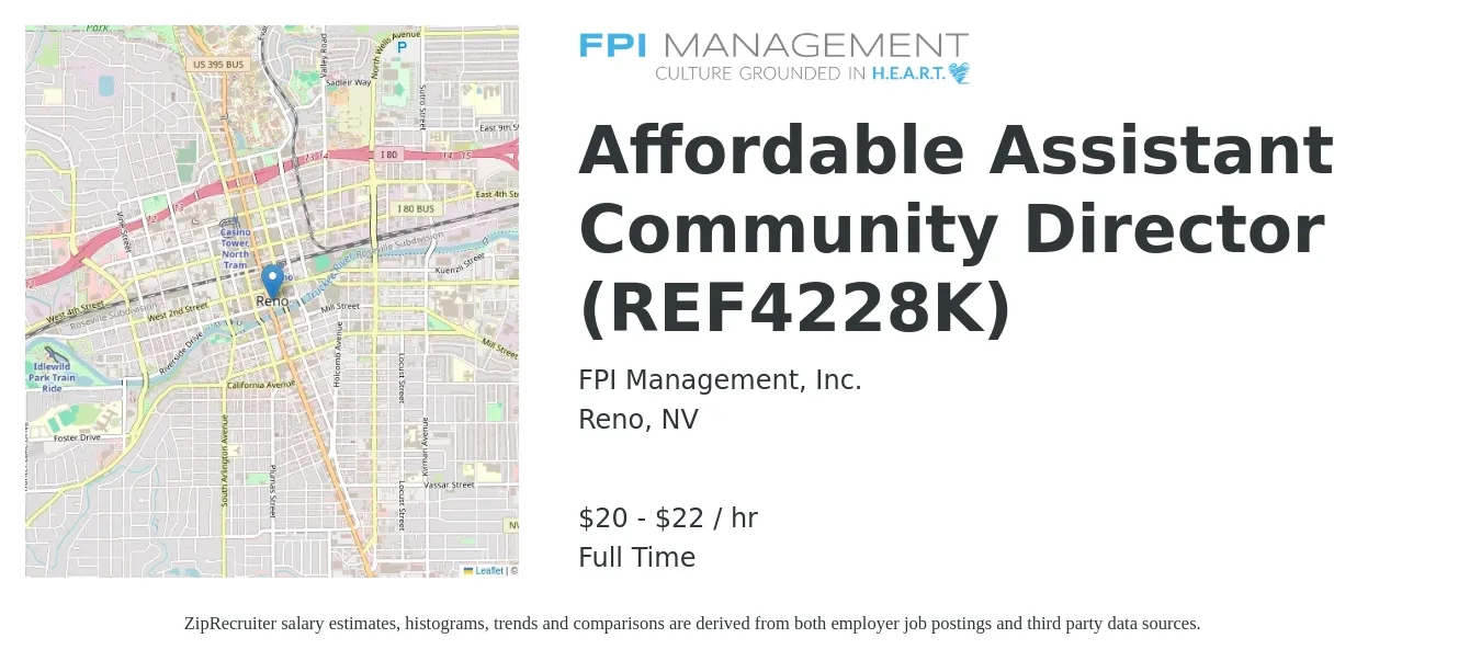 FPI Management, Inc. job posting for a Affordable Assistant Community Director (REF4228K) in Reno, NV with a salary of $21 to $23 Hourly with a map of Reno location.