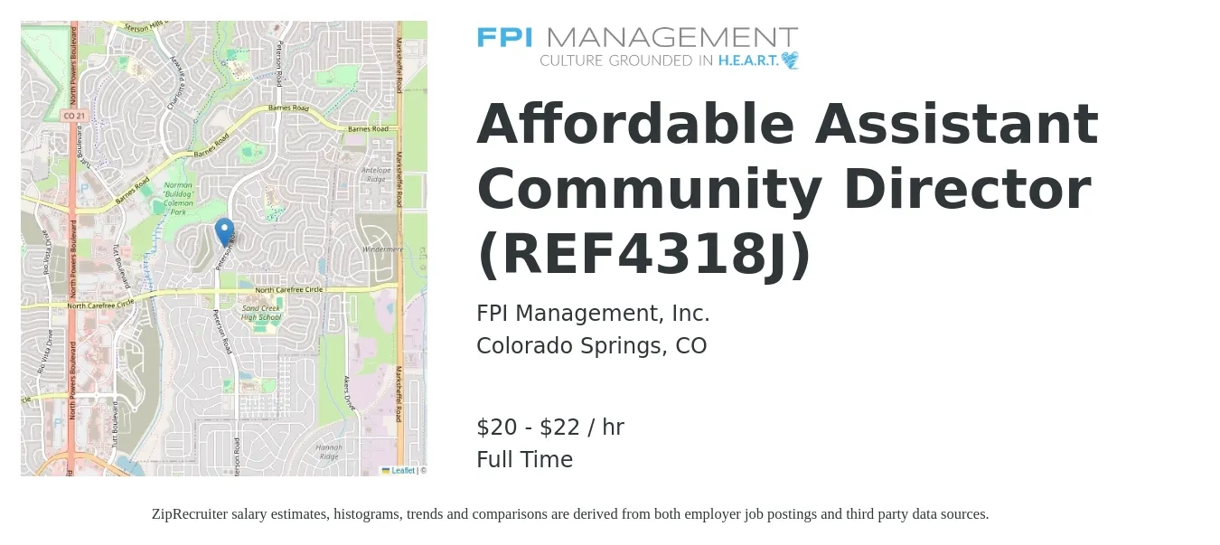 FPI Management, Inc. job posting for a Affordable Assistant Community Director (REF4318J) in Colorado Springs, CO with a salary of $21 to $23 Hourly with a map of Colorado Springs location.