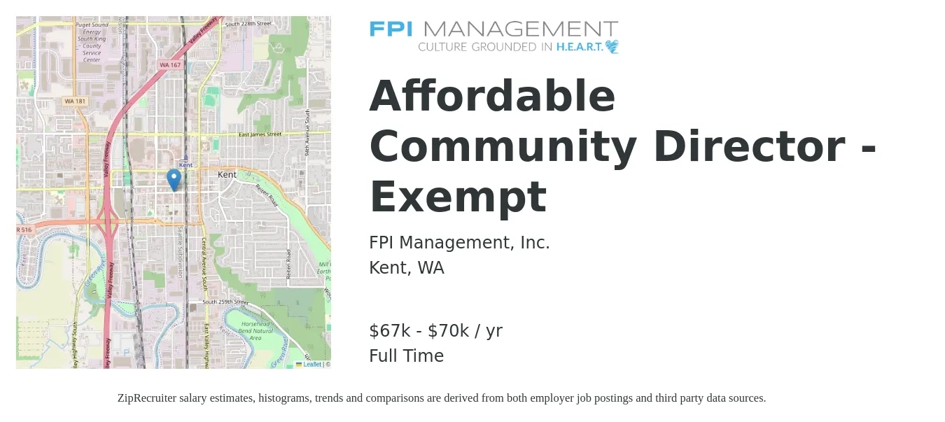 FPI Management, Inc. job posting for a Affordable Community Director - Exempt in Kent, WA with a salary of $67,725 to $70,000 Yearly with a map of Kent location.