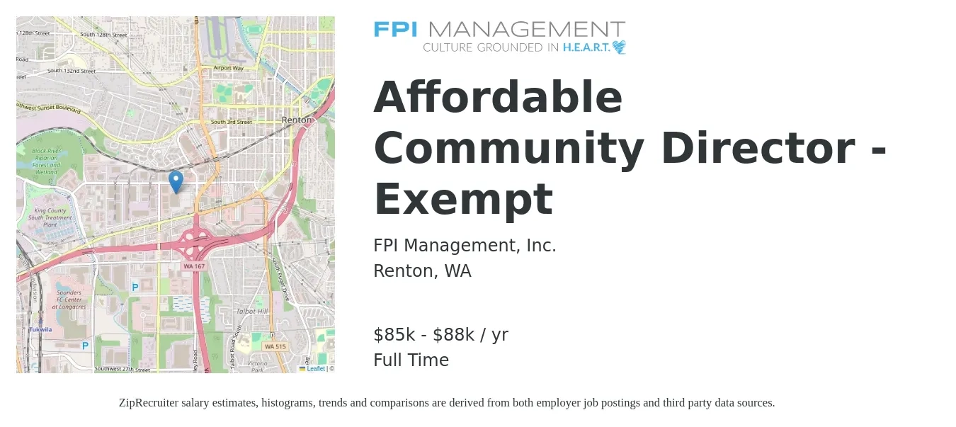 FPI Management, Inc. job posting for a Affordable Community Director - Exempt in Renton, WA with a salary of $85,000 to $88,000 Yearly with a map of Renton location.