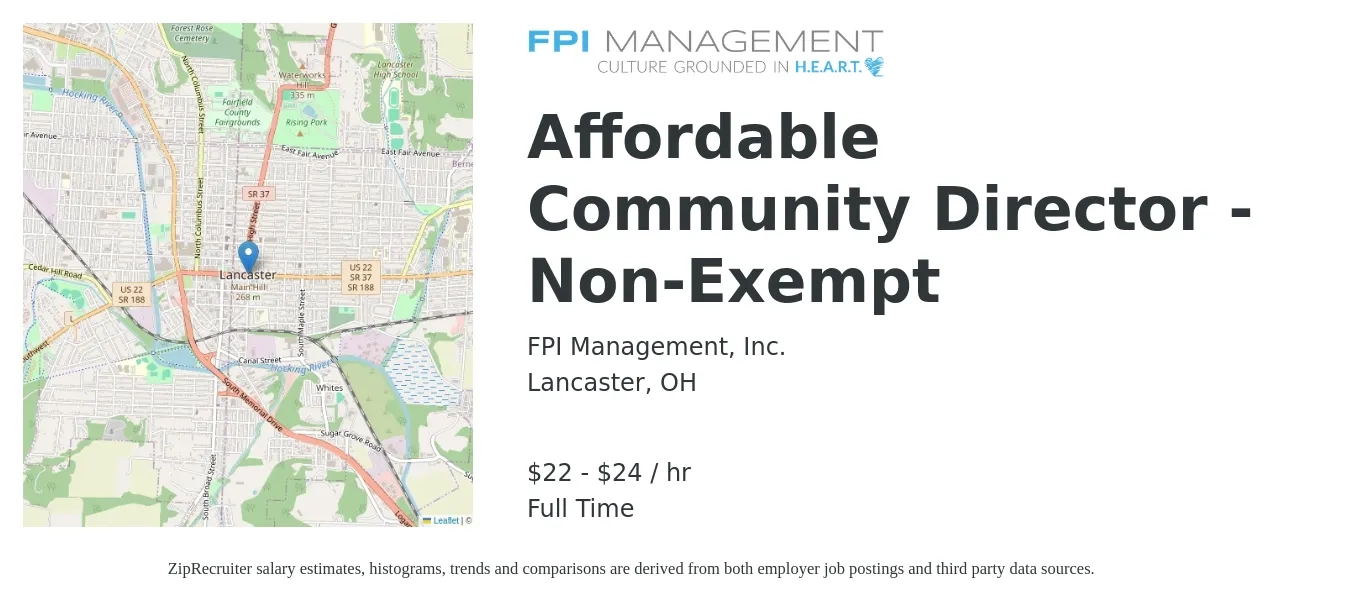 FPI Management, Inc. job posting for a Affordable Community Director - Non-Exempt in Lancaster, OH with a salary of $23 to $25 Hourly with a map of Lancaster location.